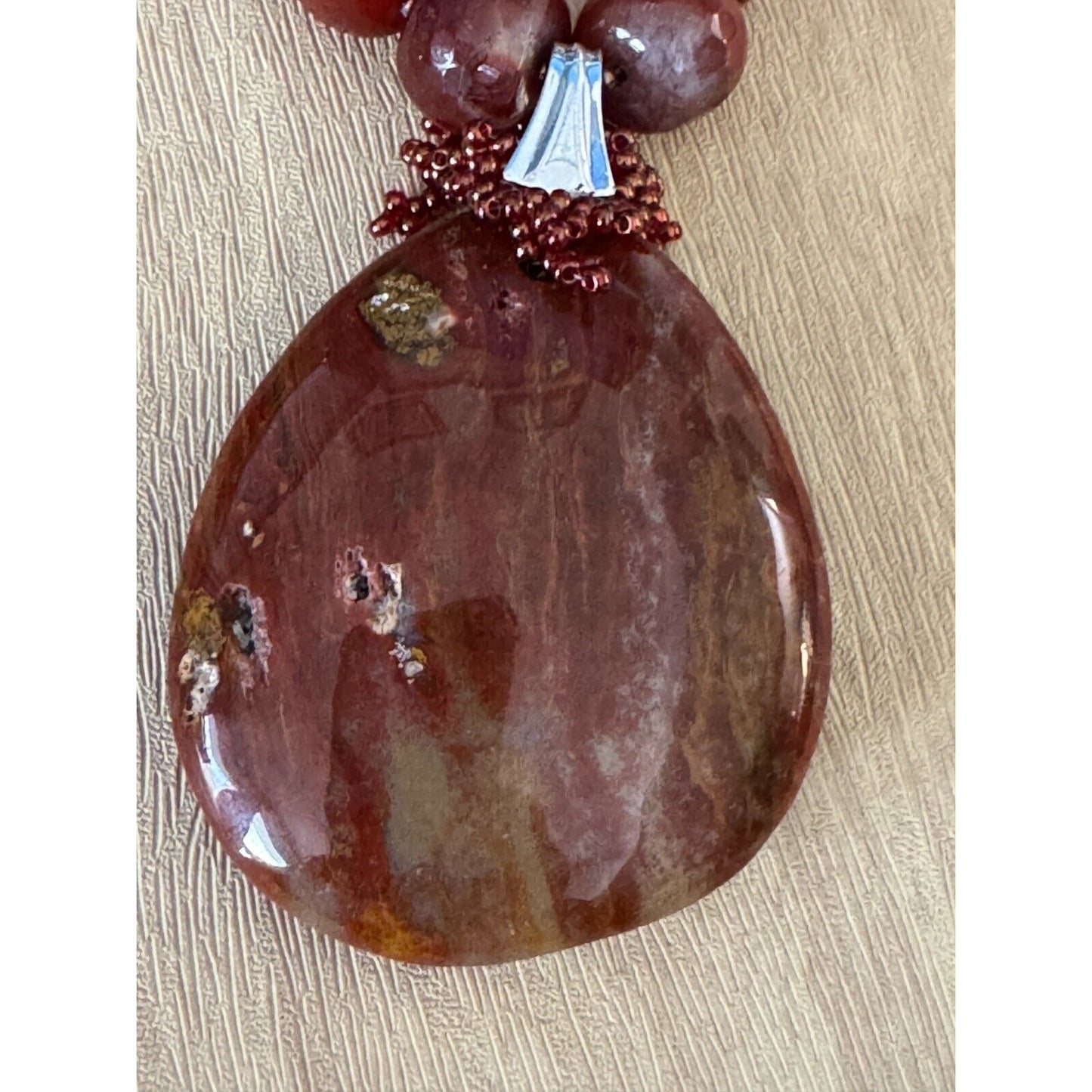 Gorgeous Carnelian Pendant on Carnlian and Orca Agate Strand Necklace w/Earrings