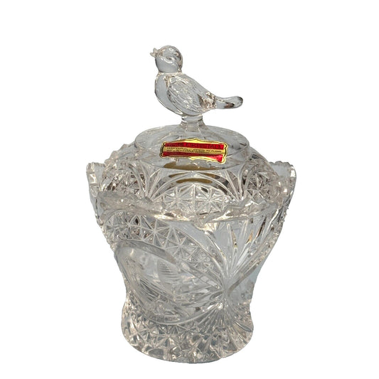 Vintage Echt Bleikristall Crystal Sugar Bowl With Bird Lid & Spoon West Germany Clear Lead Crystal