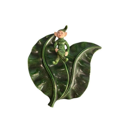 Vintage Treasure Craft Elf Wall Pocket Green Ceramic Leaf Mid Century 8"