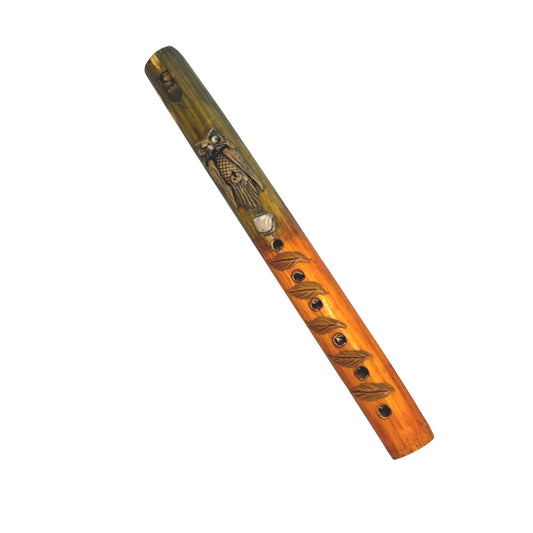 Hand Carved Wooden Flute Folk Art Owl & Leaf Design 10" Multicolor