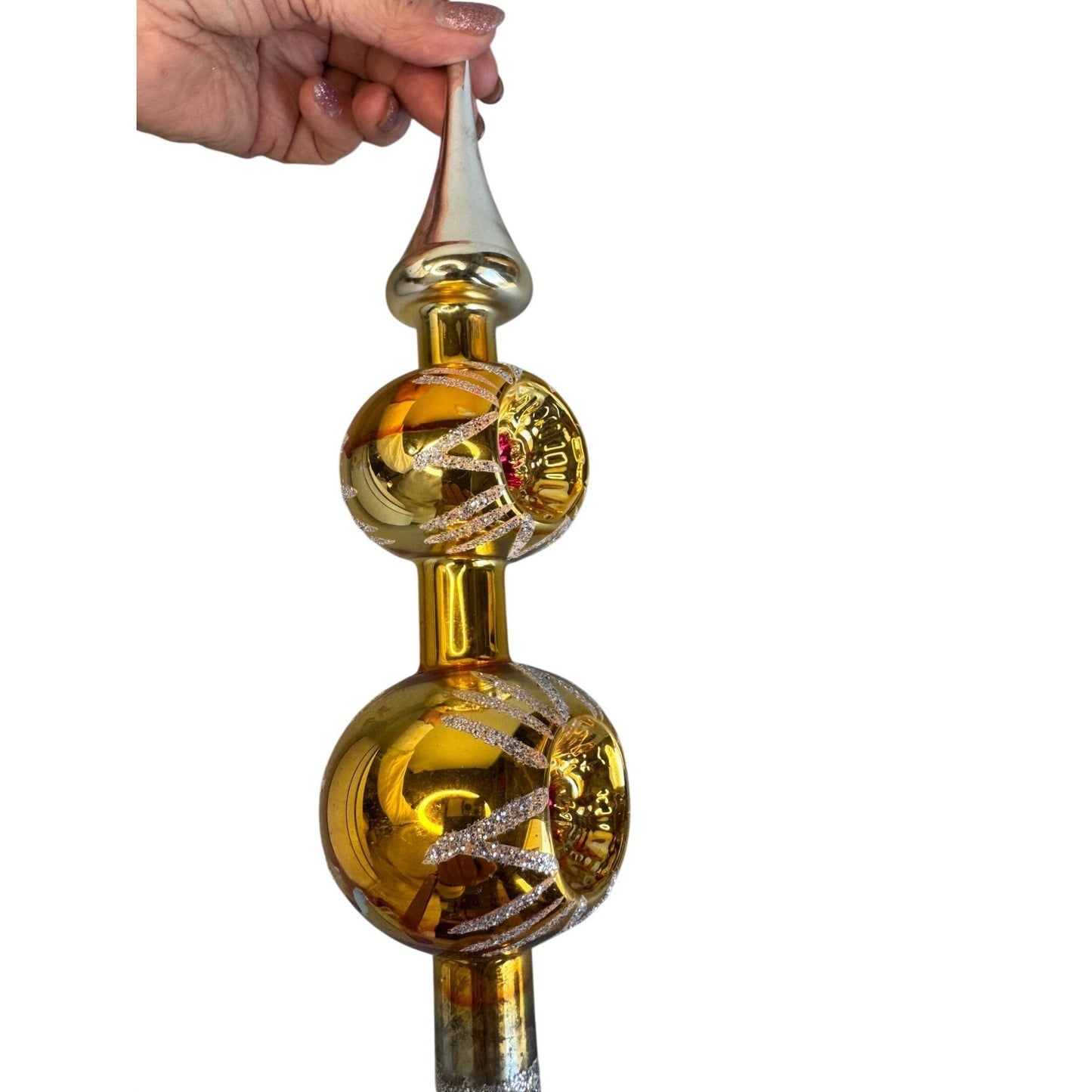 Vintage Larissa West Germany Double Indented Reflector Glass Tree Topper 13" Box