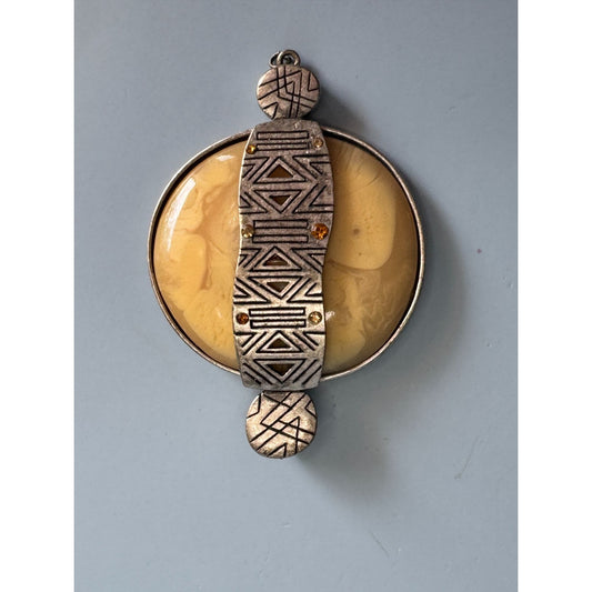 Orca Agate Pendant With Geometric Silver-Tone Overlay Design - Measures 3 Inches