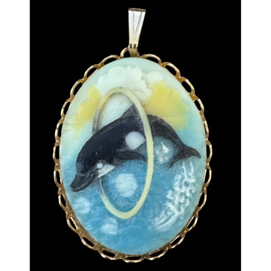 Cameo Pendant Dolphin Jumping Hoops Oval Multicolor Shell Goldtone Frame 1 1/2"