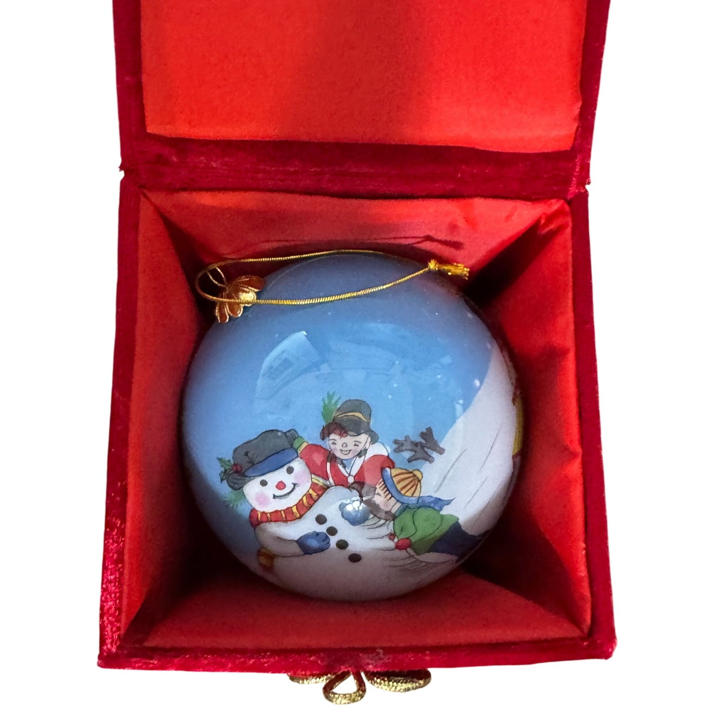 "Li Bien" Glass Ornament With Snowman & Children Design In Red Box