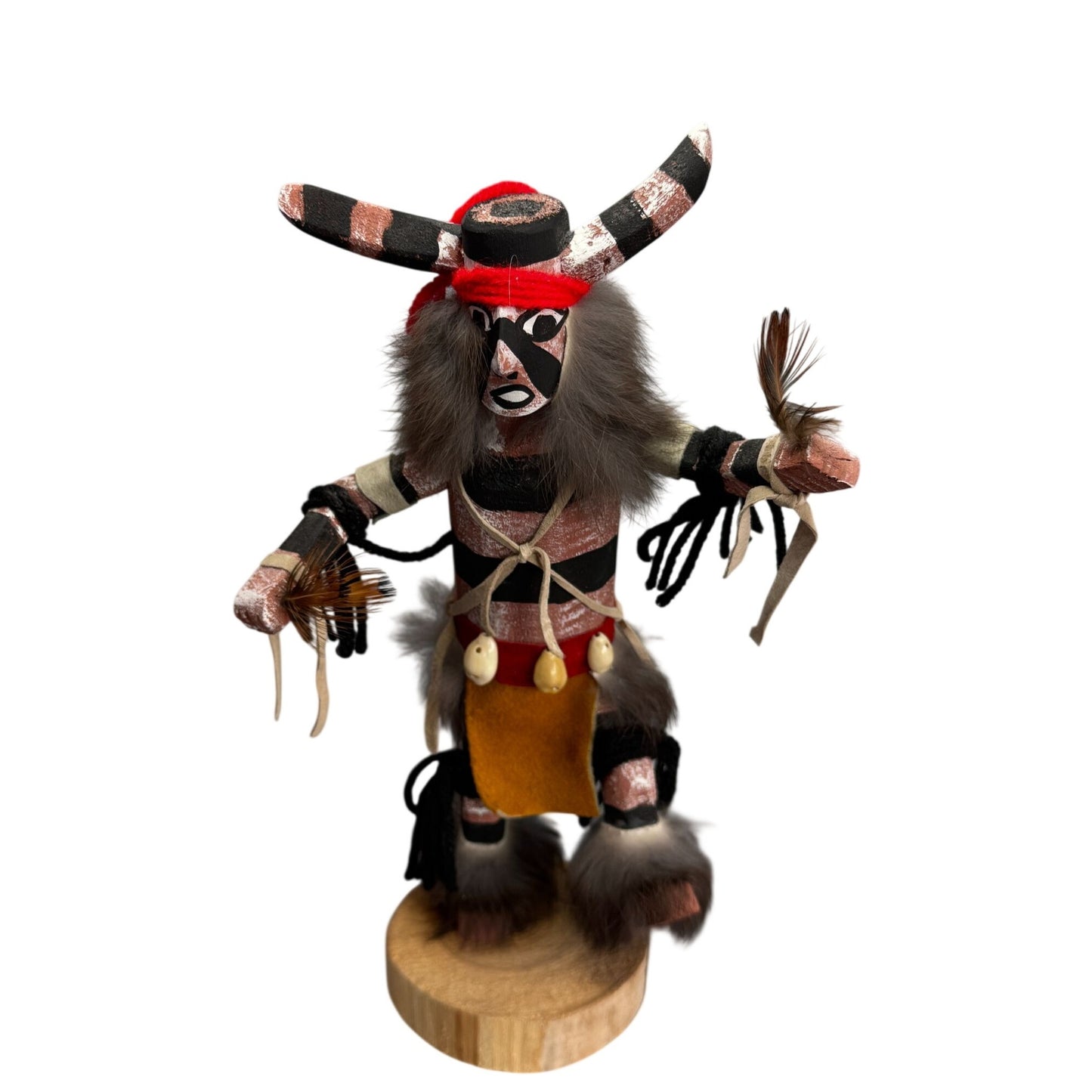 Signed Hopi Koshare Clown Kachina Doll James Hand Carved Wood Fur Feathers 11"