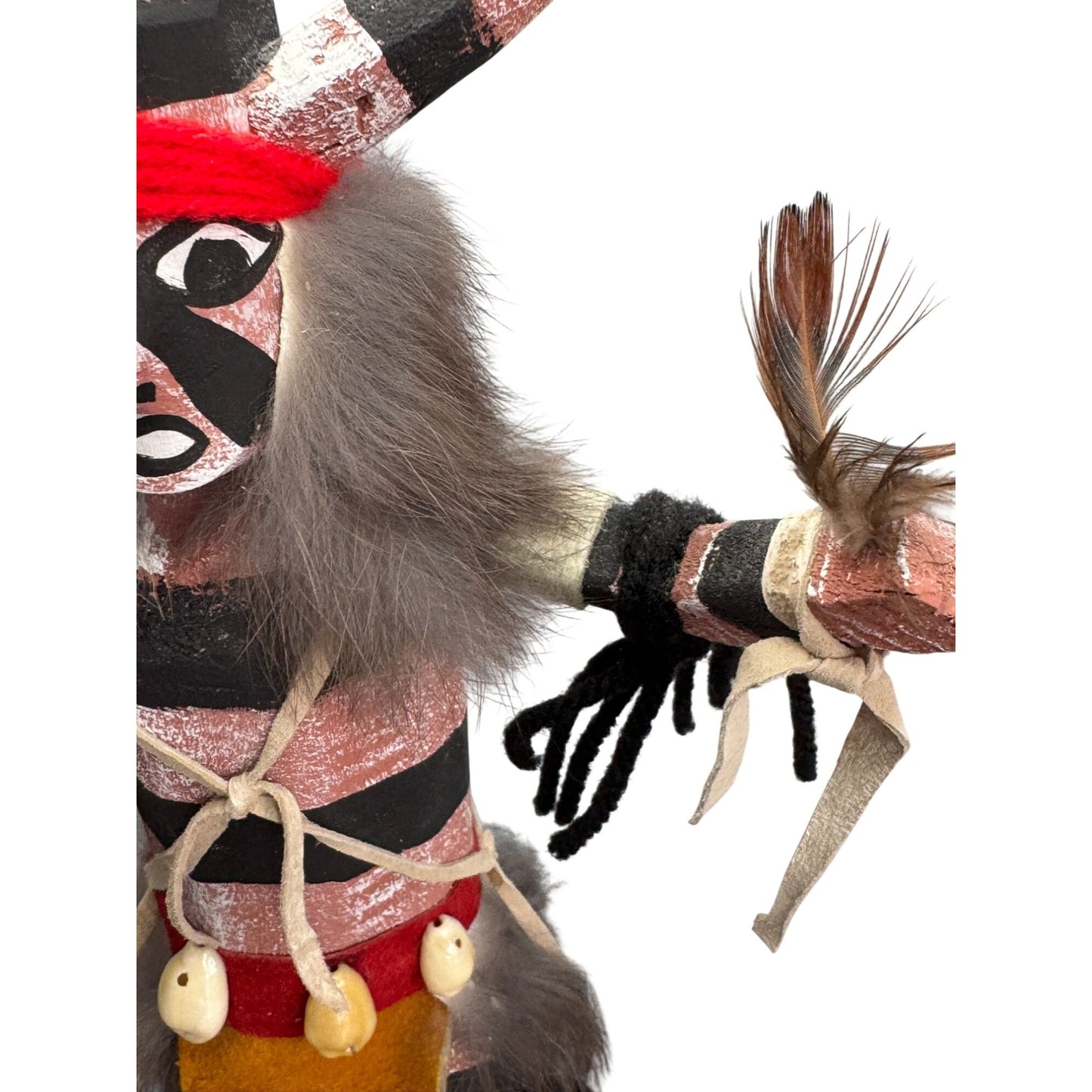 Signed Hopi Koshare Clown Kachina Doll James Hand Carved Wood Fur Feathers 11"