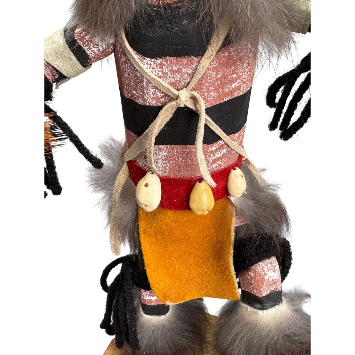 Signed Hopi Koshare Clown Kachina Doll James Hand Carved Wood Fur Feathers 11"