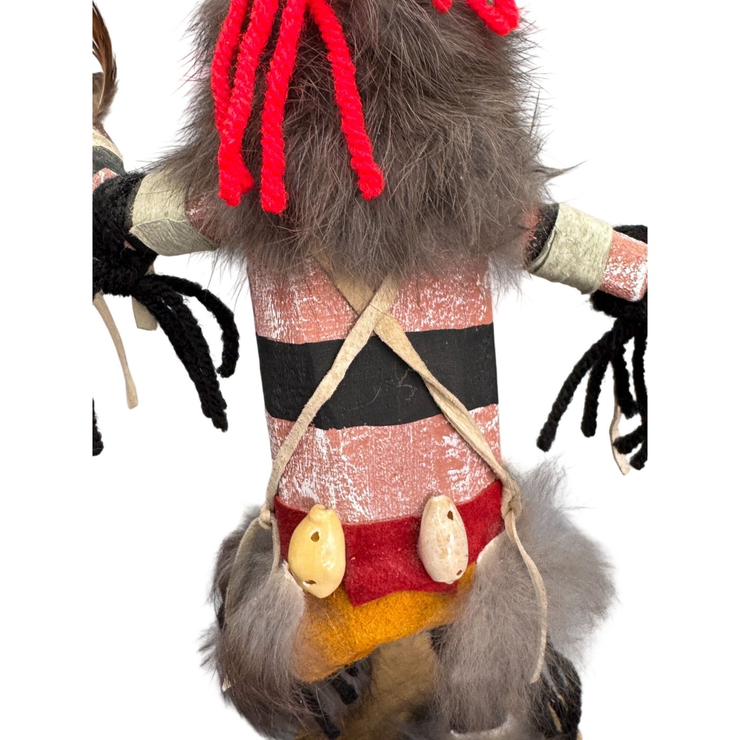 Signed Hopi Koshare Clown Kachina Doll James Hand Carved Wood Fur Feathers 11"