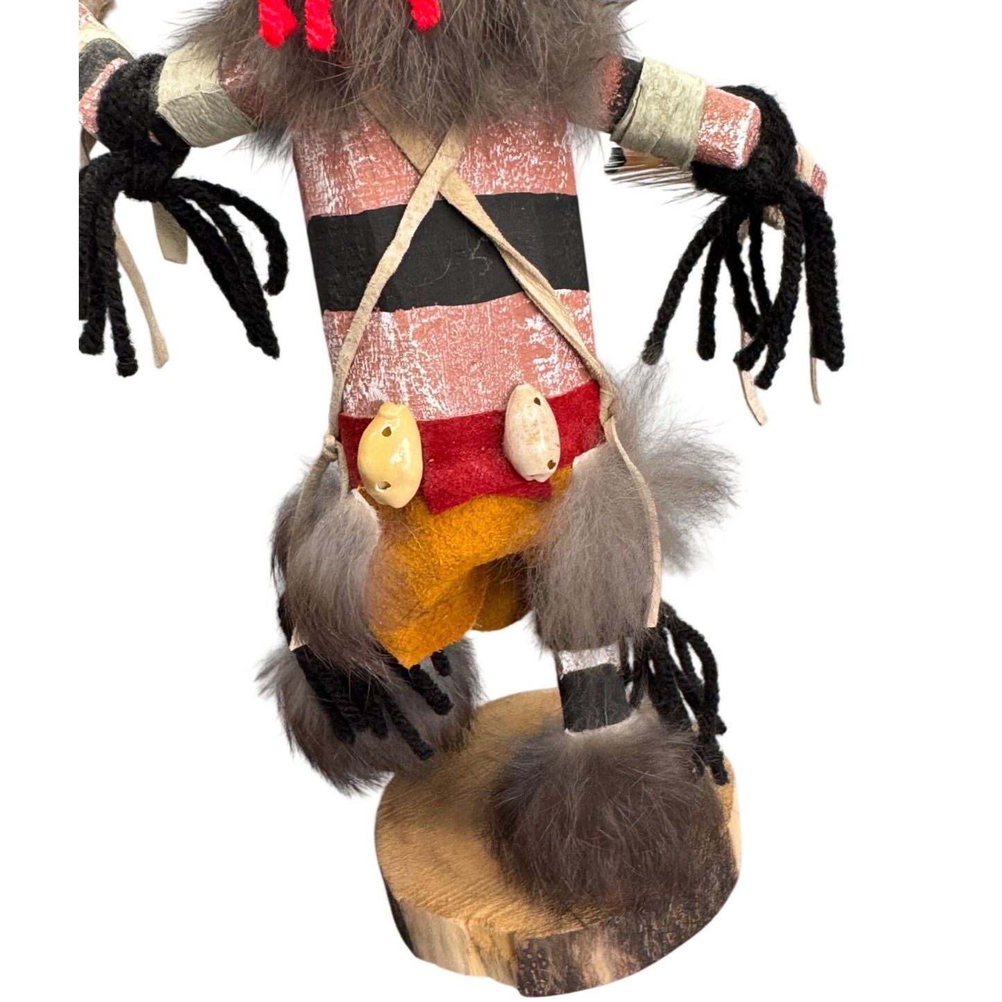 Signed Hopi Koshare Clown Kachina Doll James Hand Carved Wood Fur Feathers 11"