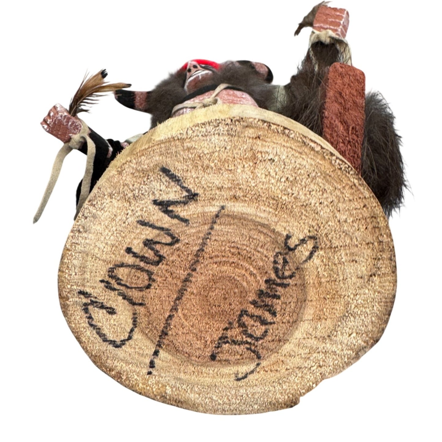 Signed Hopi Koshare Clown Kachina Doll James Hand Carved Wood Fur Feathers 11"