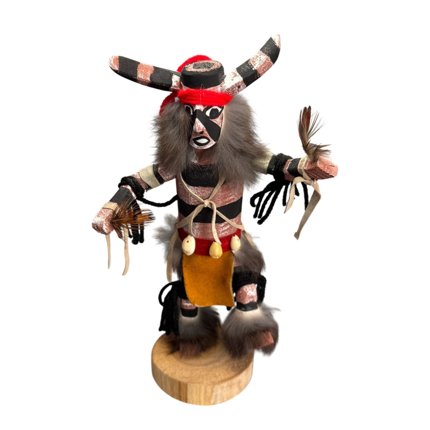 Signed Hopi Koshare Clown Kachina Doll James Hand Carved Wood Fur Feathers 11"