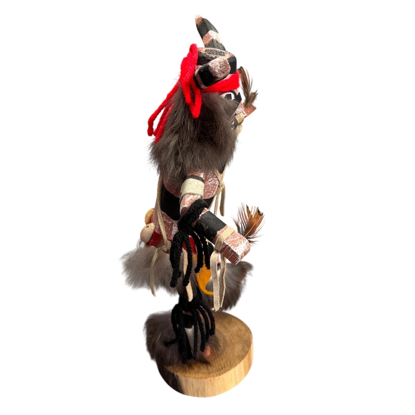 Signed Hopi Koshare Clown Kachina Doll James Hand Carved Wood Fur Feathers 11"