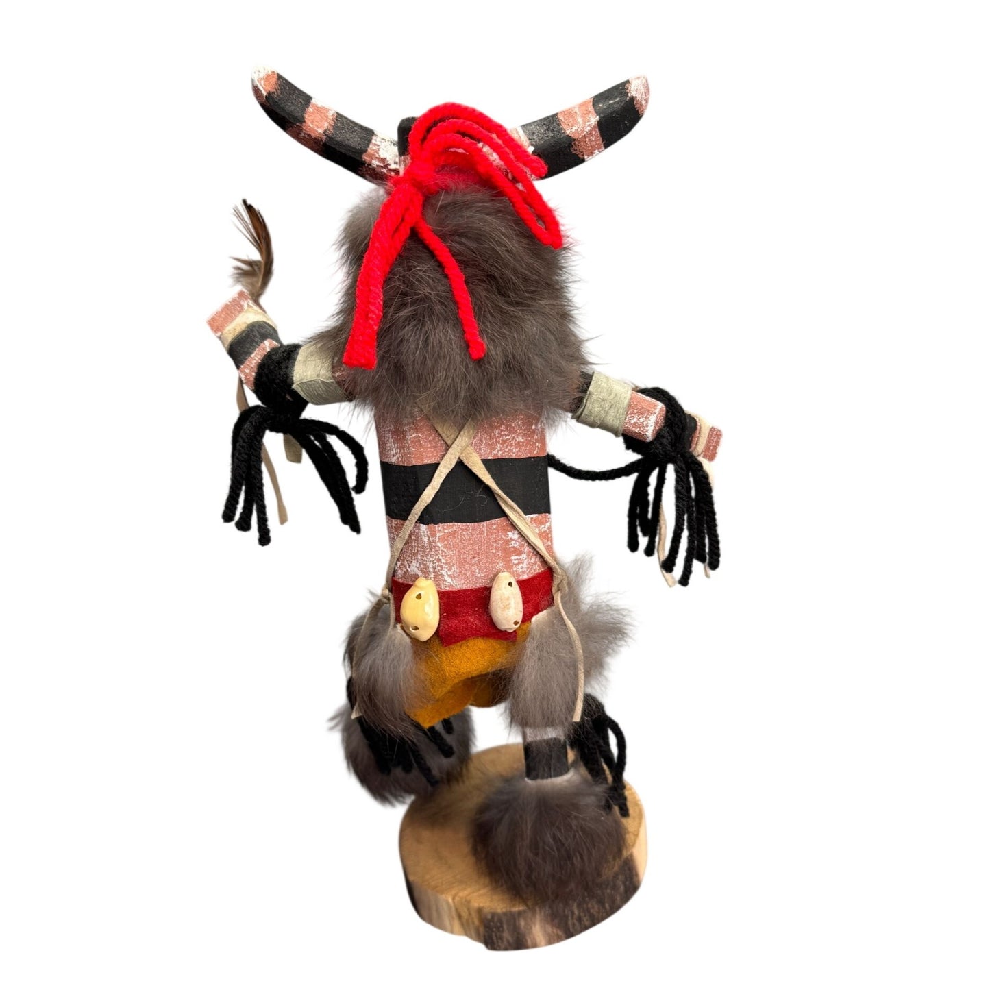 Signed Hopi Koshare Clown Kachina Doll James Hand Carved Wood Fur Feathers 11"
