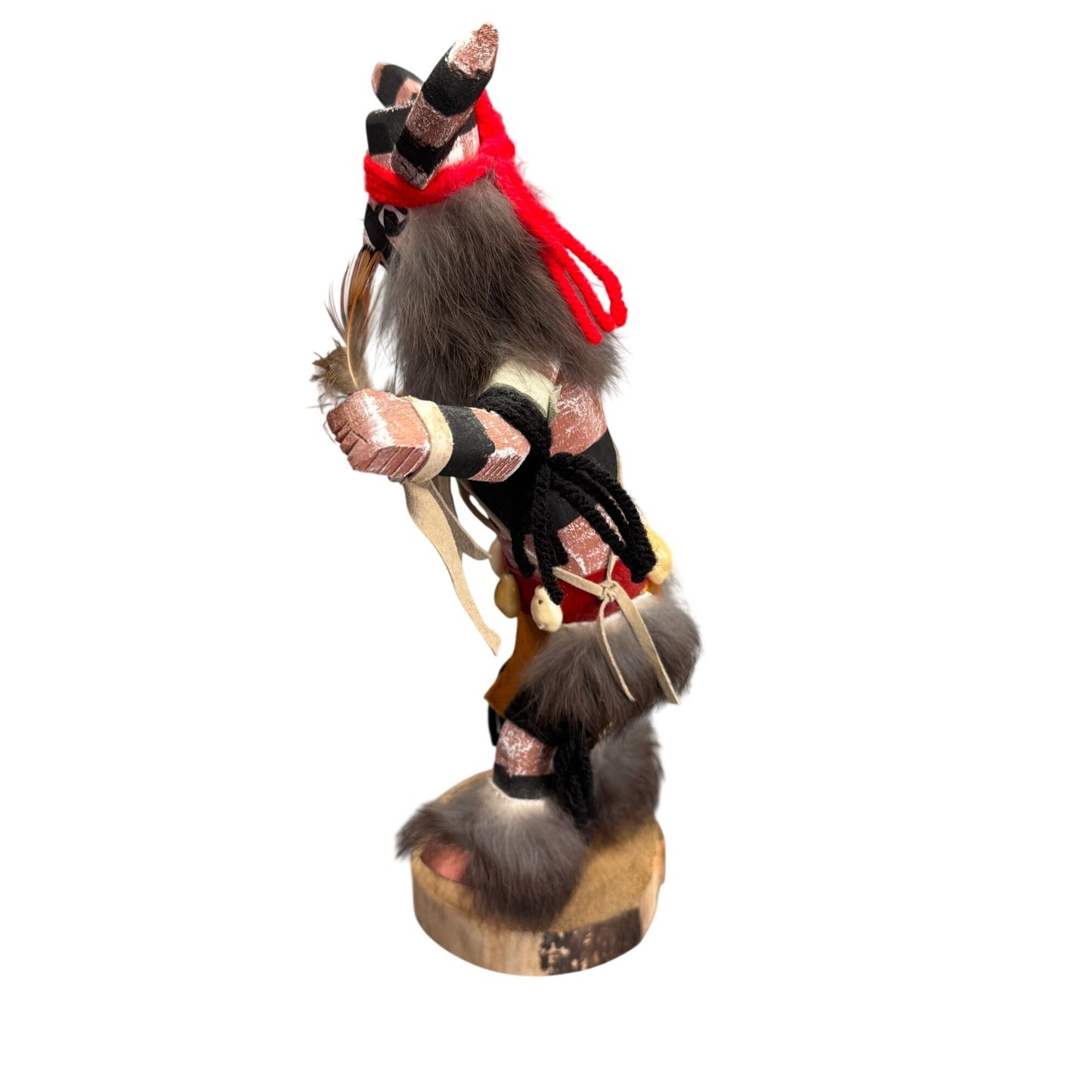 Signed Hopi Koshare Clown Kachina Doll James Hand Carved Wood Fur Feathers 11"