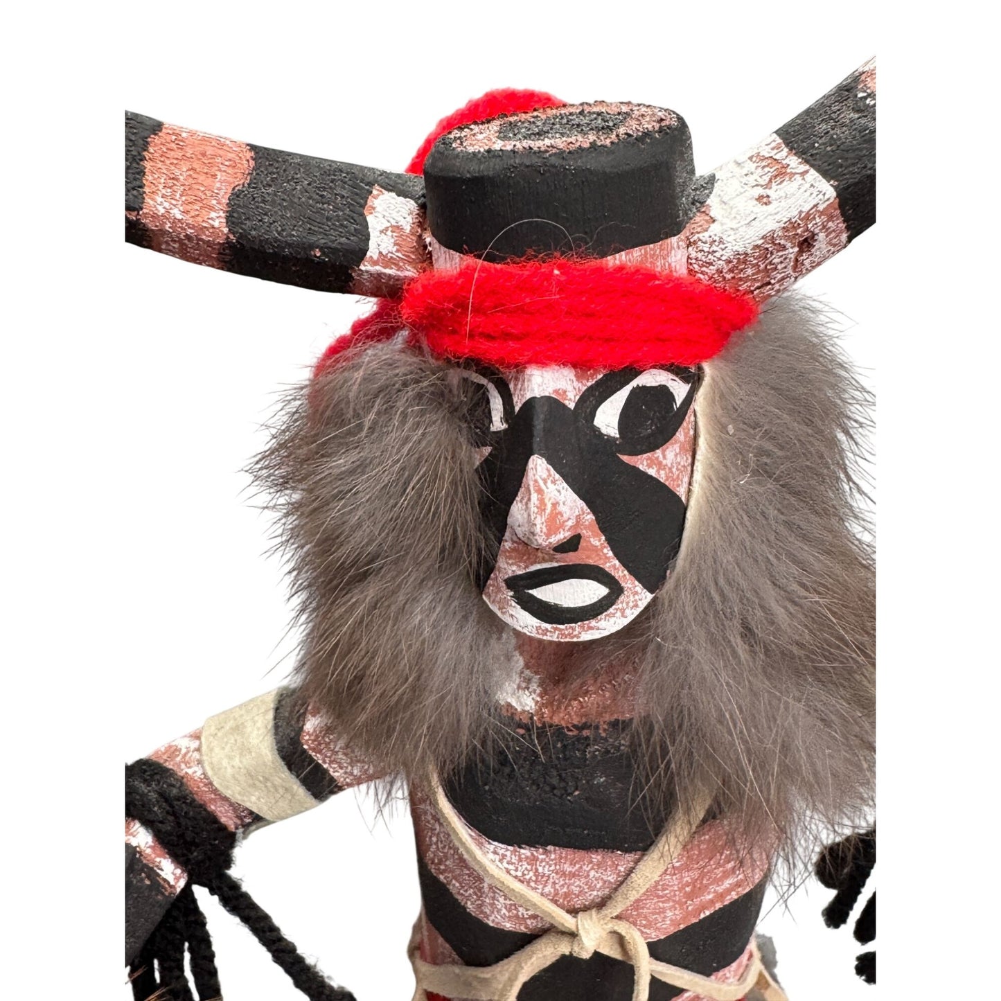 Signed Hopi Koshare Clown Kachina Doll James Hand Carved Wood Fur Feathers 11"