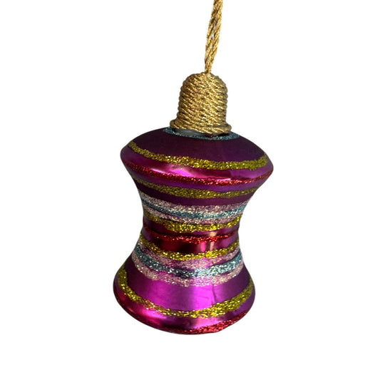 German Glass Glittered Spindle Ornament Purple Blue Gold 3 1/2 Inch Holiday Décor