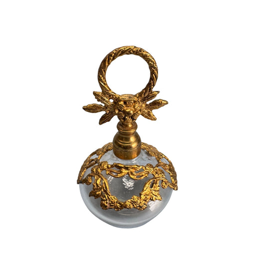 Antique German Gold Gilded Clear Glass Perfume Bottle With Ornate Floral Design & Stopper