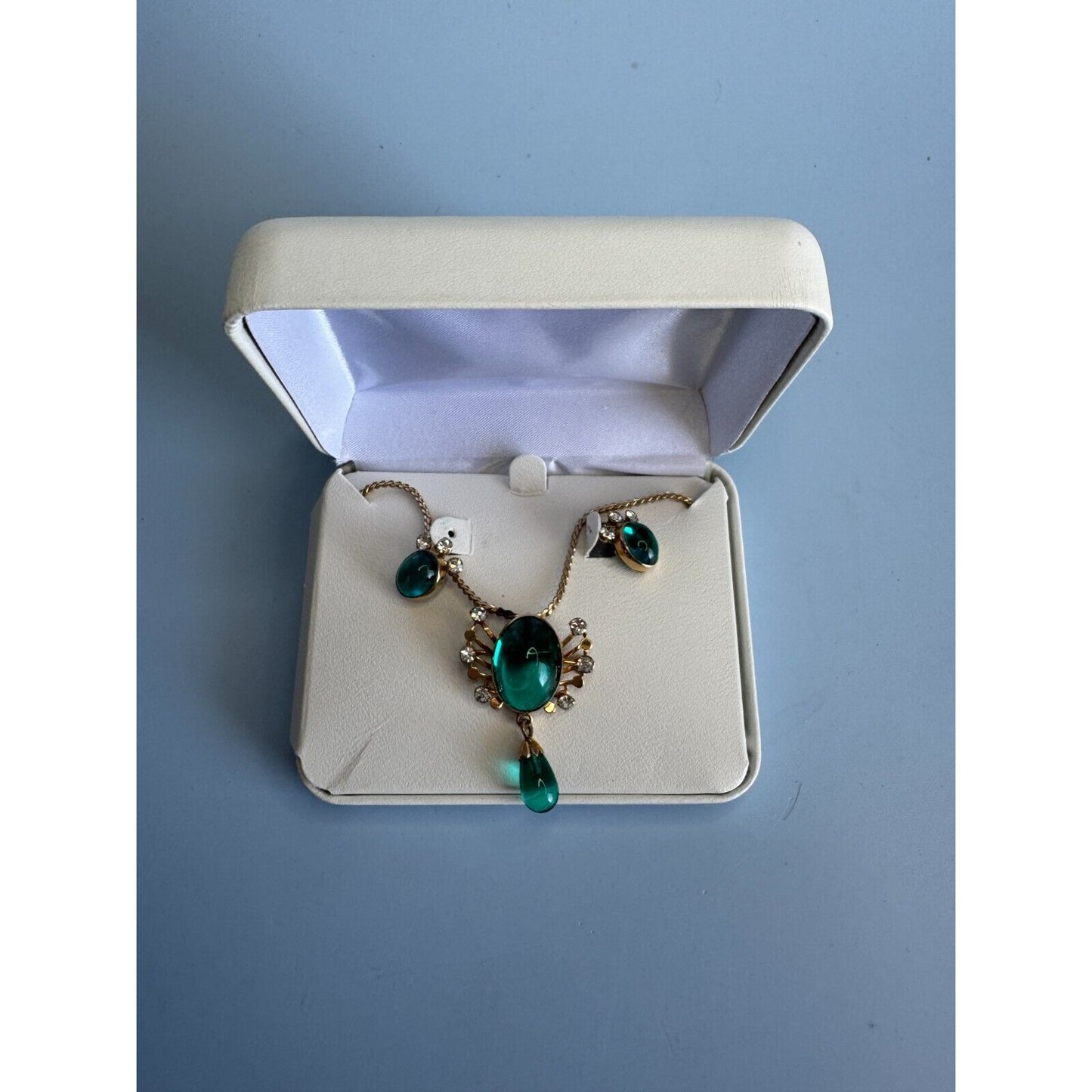 Vintage Van Dell Teal Sea Glass Necklace/Pin & Screw Back Earring Set Midcentury Signed 14" Gold-Toned Jewelry