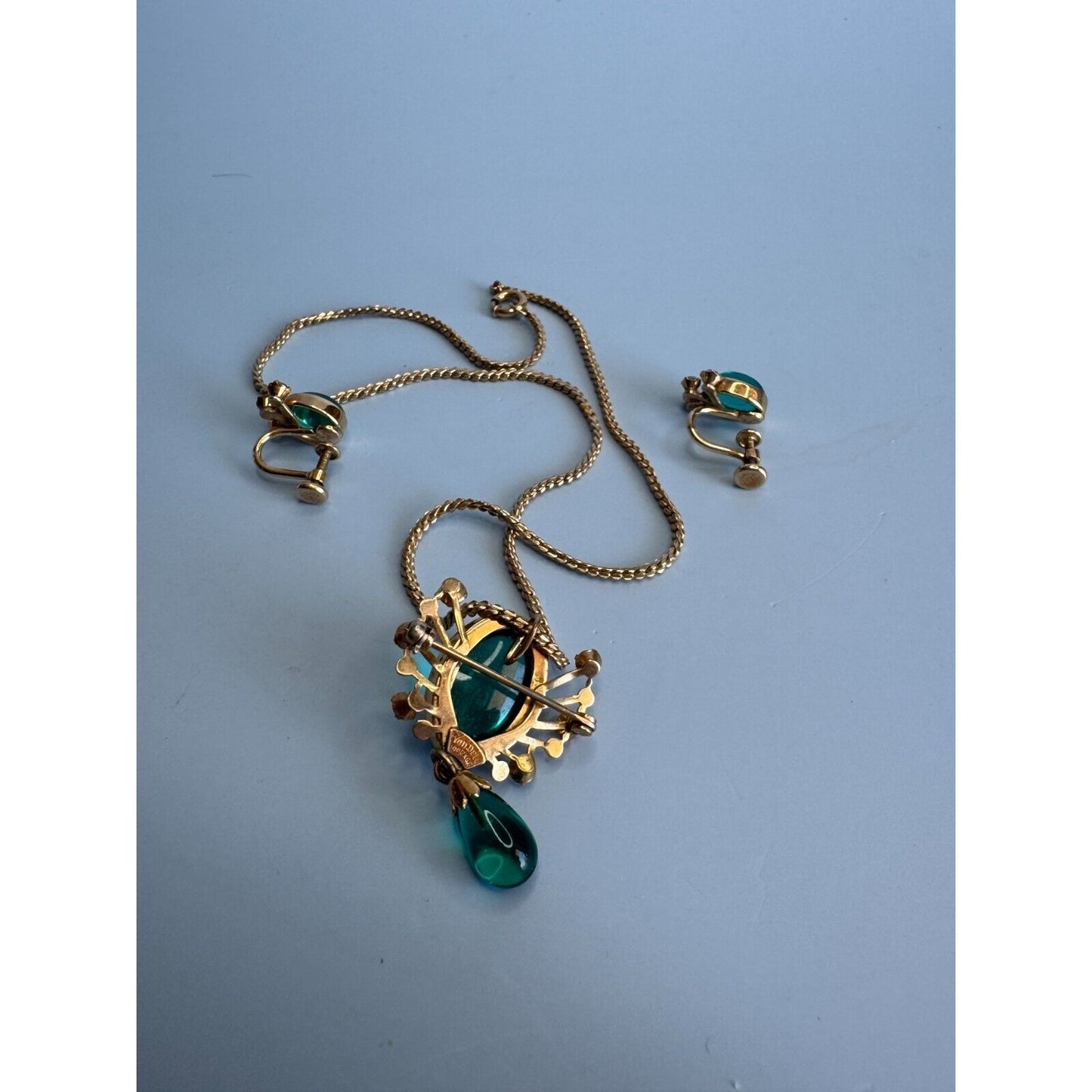 Vintage Van Dell Teal Sea Glass Necklace/Pin & Screw Back Earring Set Midcentury Signed 14" Gold-Toned Jewelry