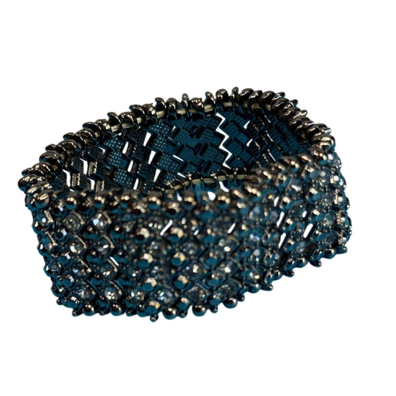 Wide Gunmetal Crystal Stretch Cuff Bracelet Black Chrome Rhinestone Mesh 7"