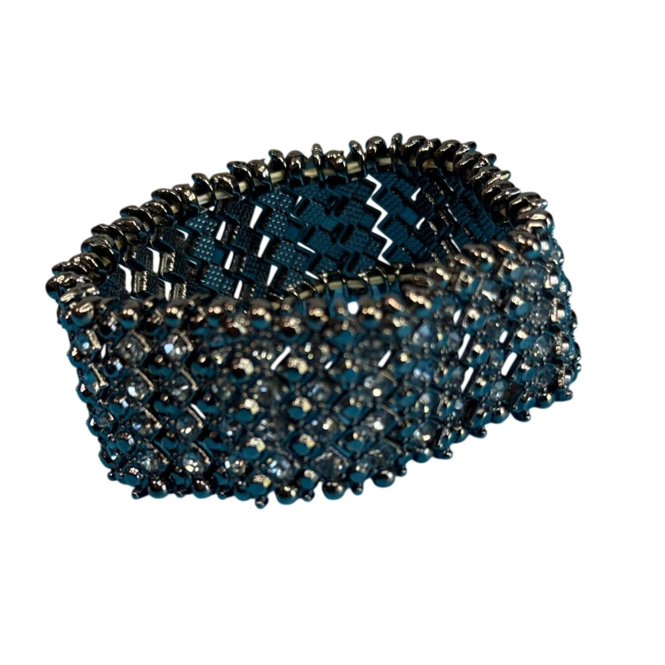 Wide Gunmetal Crystal Stretch Cuff Bracelet Black Chrome Rhinestone Mesh 7"