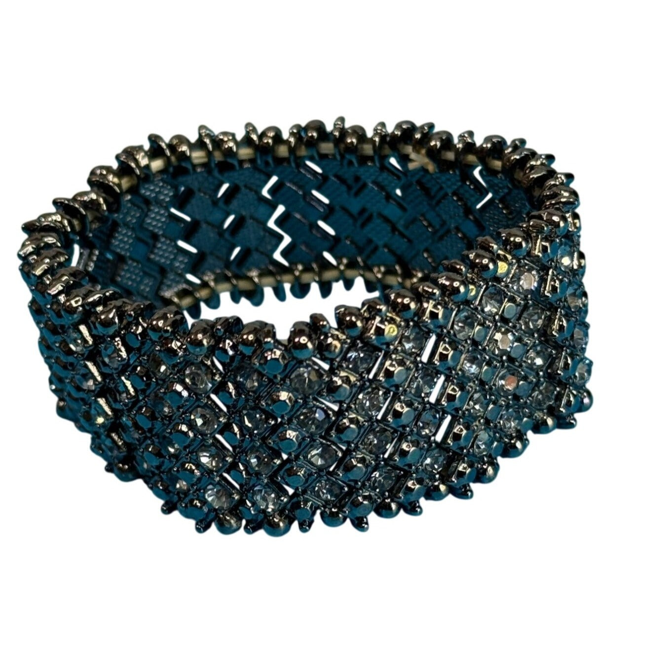 Wide Gunmetal Crystal Stretch Cuff Bracelet Black Chrome Rhinestone Mesh 7"
