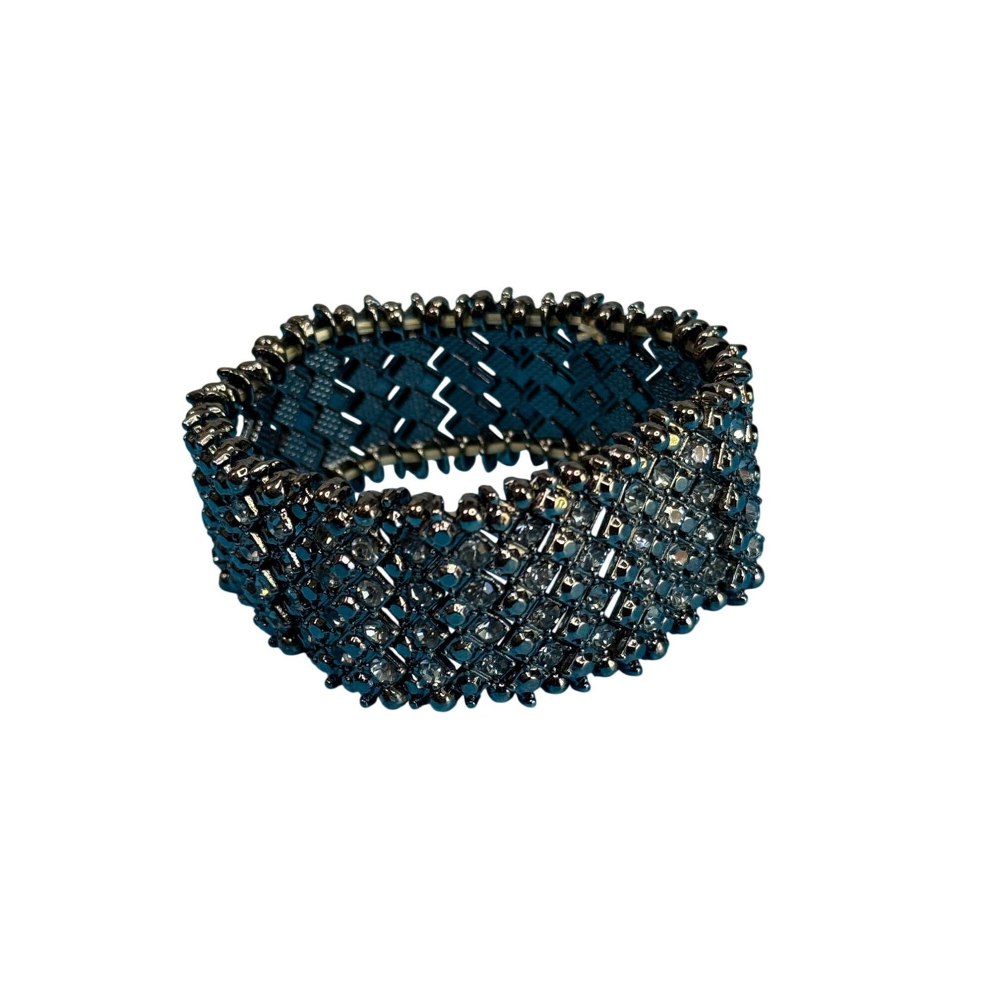 Wide Gunmetal Crystal Stretch Cuff Bracelet Black Chrome Rhinestone Mesh 7"