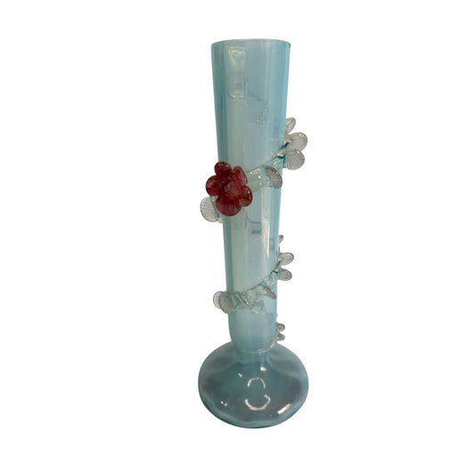 Tall Blue Art Glass Vase With Rose Embossed Design