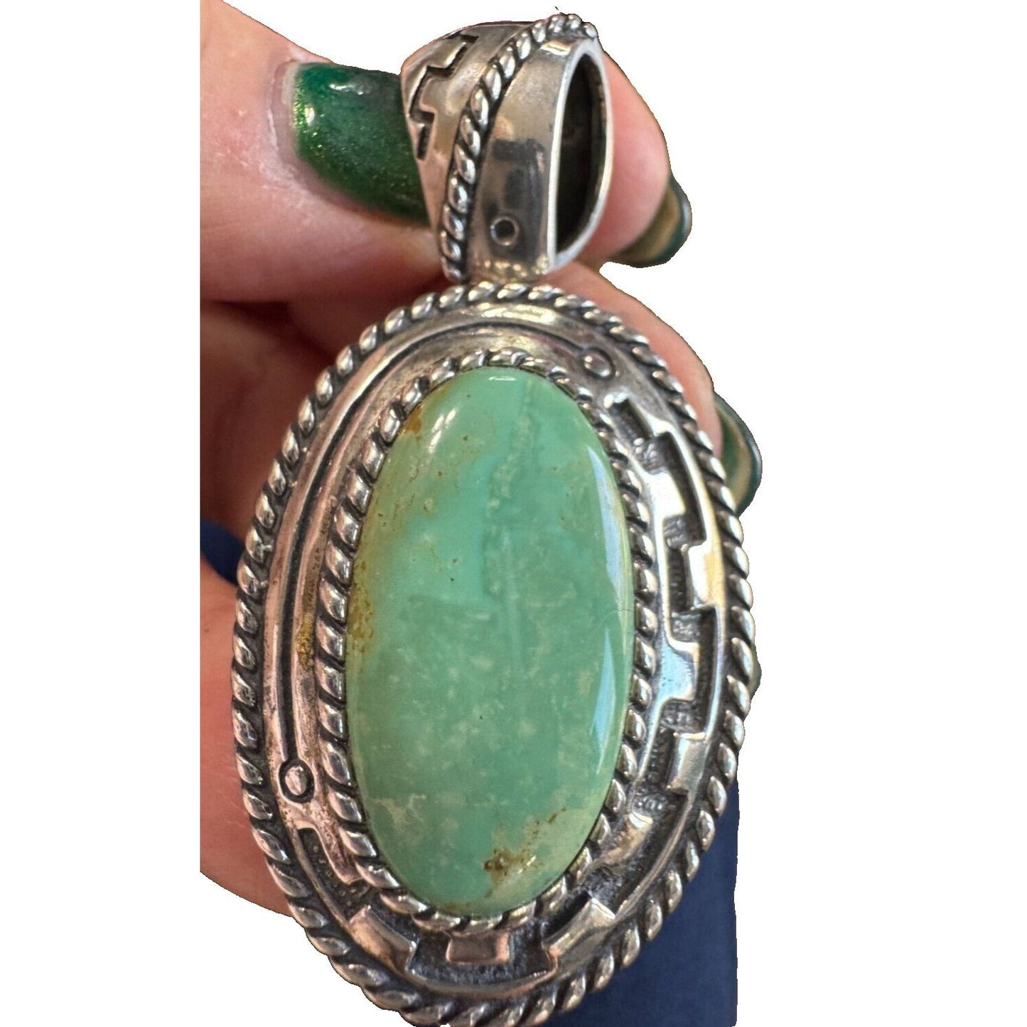 Vintage Carolyn Pollack Relios Sterling Silver Pendant With Green Turquoise Oval Stone