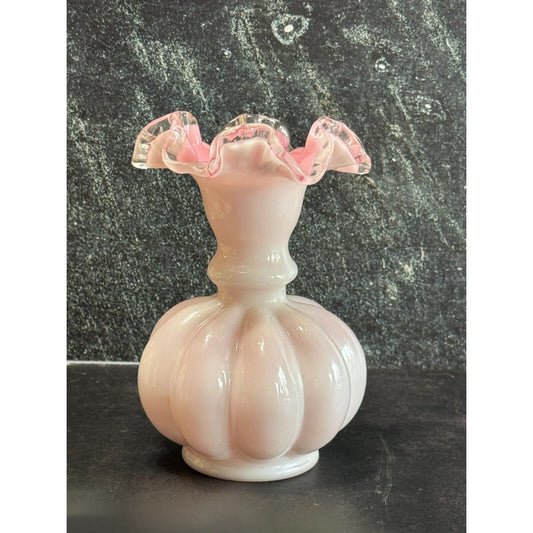 Vintage Fenton Pink Peachcrest Crimped 6" Vase 1940-1969 Retired Collectible Glass Decor