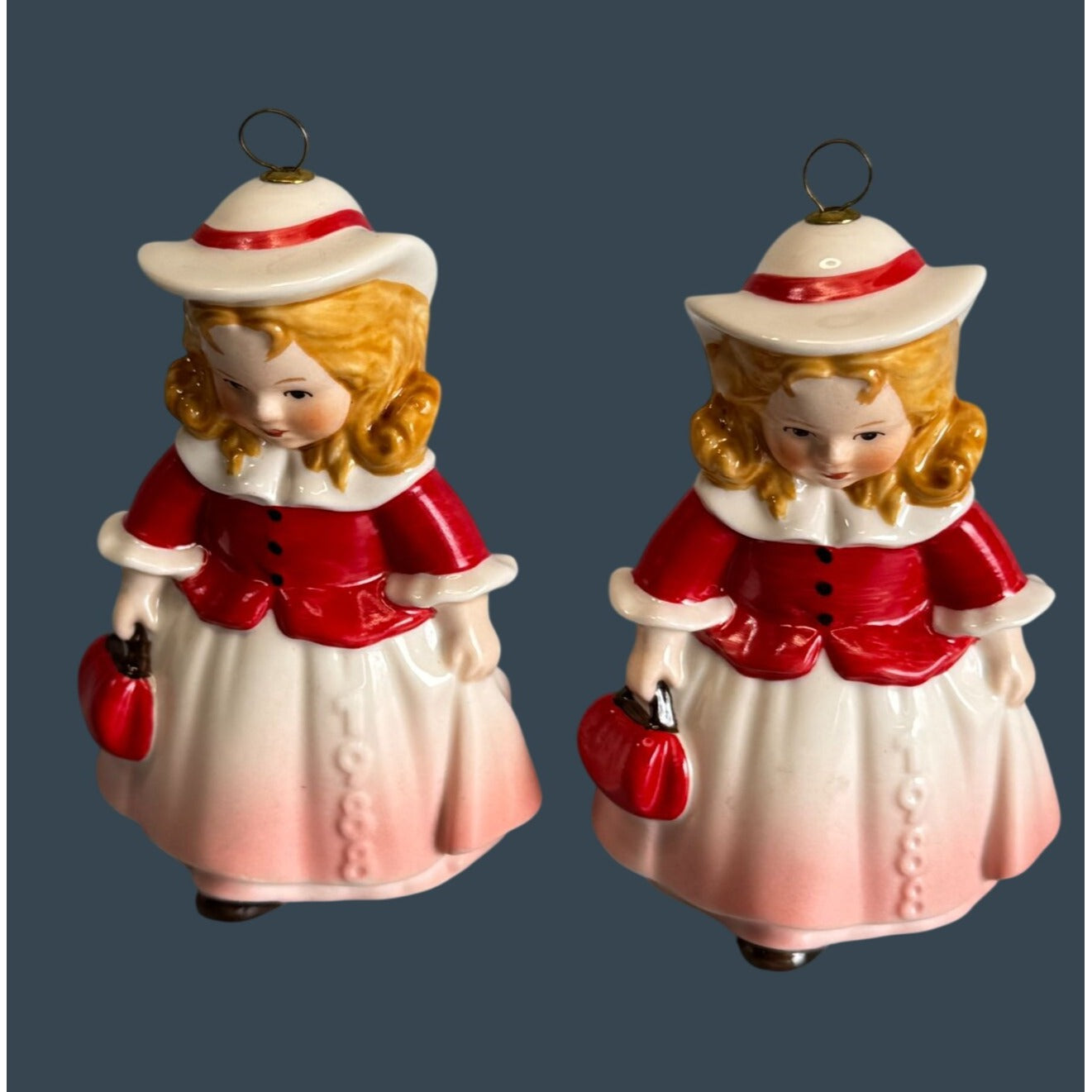 Pair 1988 Goebel W Germany 11th Edition Ceramic Bell Ornament Girl With Muff  4"