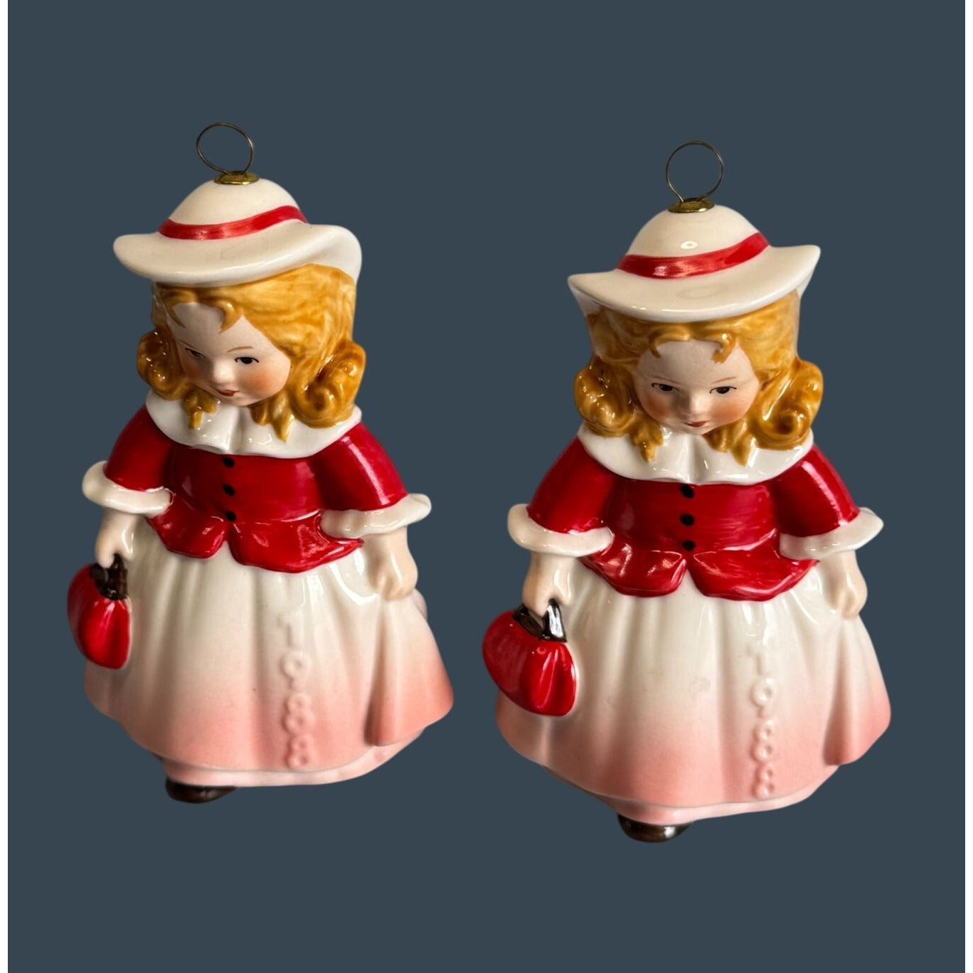 Pair 1988 Goebel W Germany 11th Edition Ceramic Bell Ornament Girl With Muff  4"