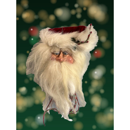 Handmade Folk Art Santa Ornament Blue Glass Eyes Red Velvet Hat White Fur Trim 10"