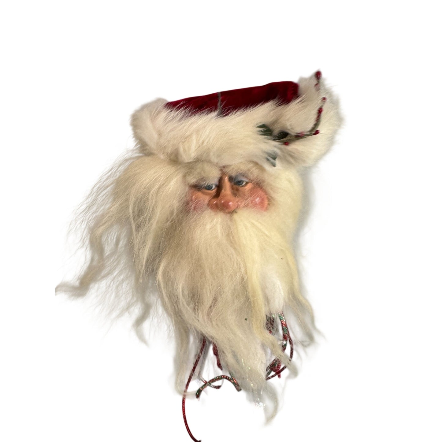 Handmade Folk Art Santa Ornament Blue Glass Eyes Red Velvet Hat White Fur Trim 10"