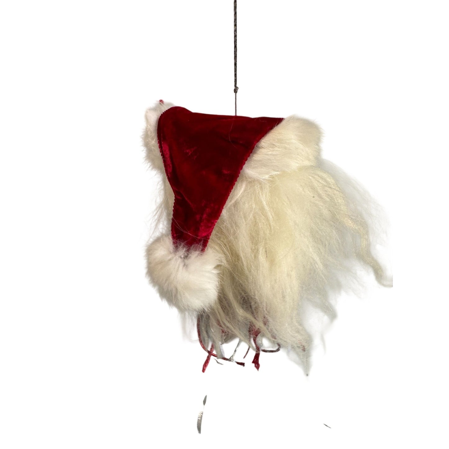 Handmade Folk Art Santa Ornament Blue Glass Eyes Red Velvet Hat White Fur Trim 10"