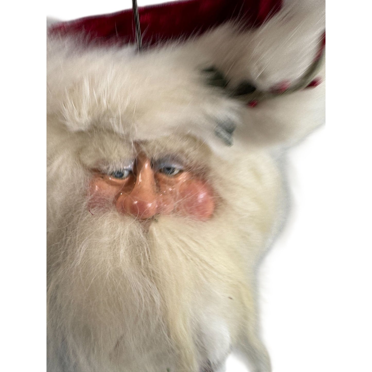 Handmade Folk Art Santa Ornament Blue Glass Eyes Red Velvet Hat White Fur Trim 10"