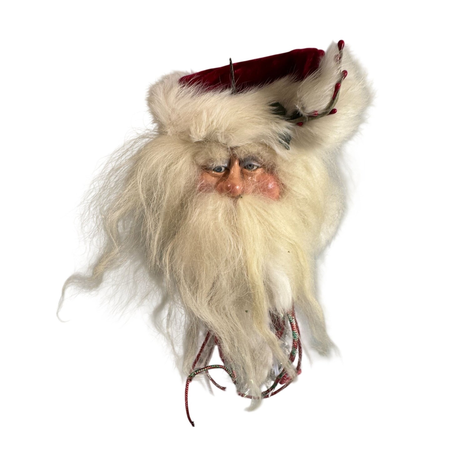 Handmade Folk Art Santa Ornament Blue Glass Eyes Red Velvet Hat White Fur Trim 10"