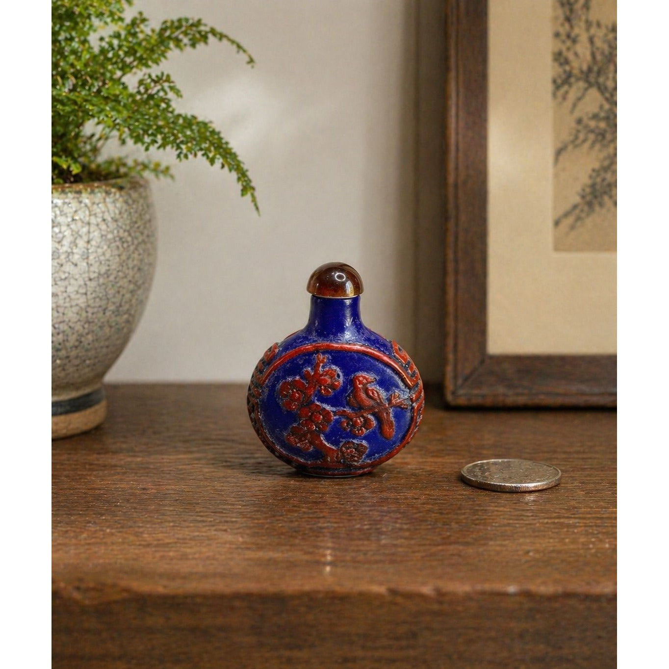 Chinese Snuff Bottle Blue Red Porcelain Relief Bird Floral 2.5"