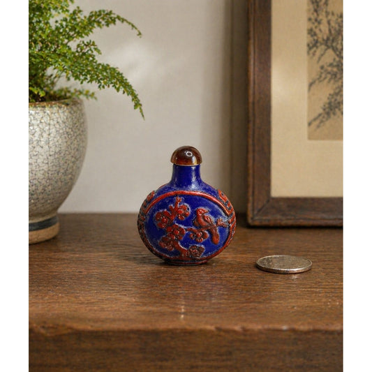 Chinese Snuff Bottle Blue Red Porcelain Relief Bird Floral 2.5"