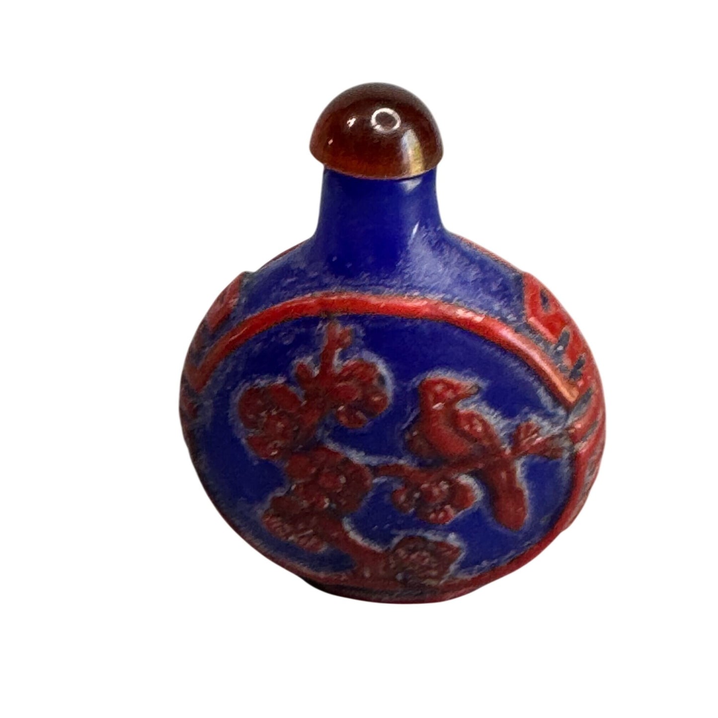 Chinese Snuff Bottle Blue Red Porcelain Relief Bird Floral 2.5"