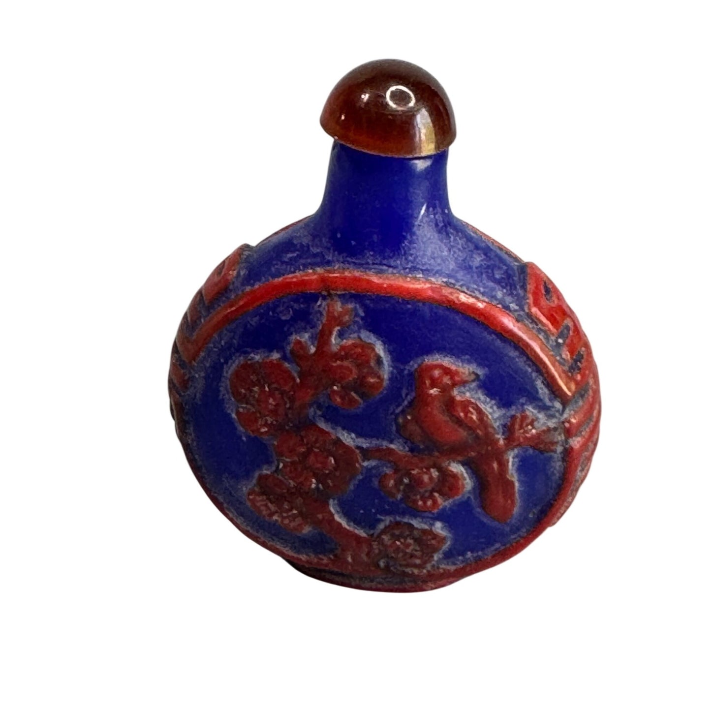 Chinese Snuff Bottle Blue Red Porcelain Relief Bird Floral 2.5"