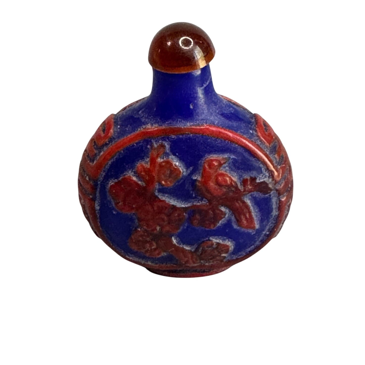 Chinese Snuff Bottle Blue Red Porcelain Relief Bird Floral 2.5"