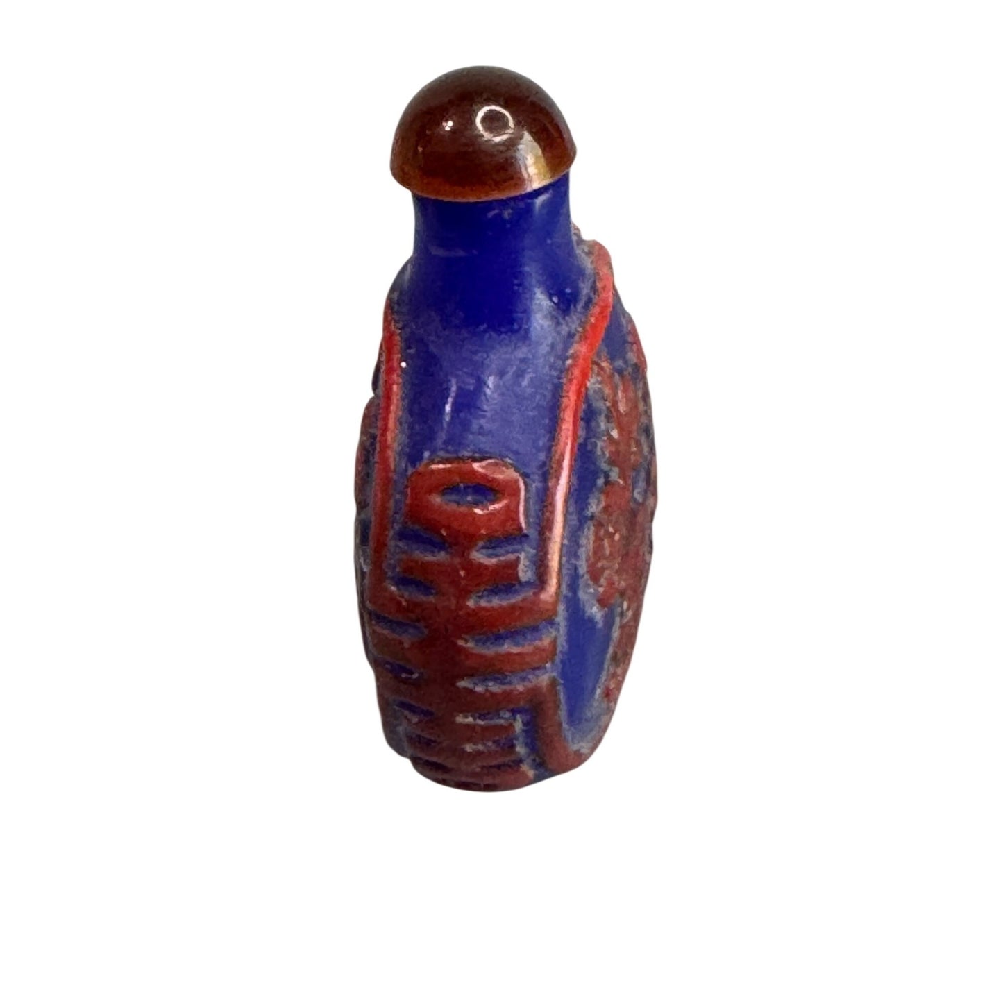 Chinese Snuff Bottle Blue Red Porcelain Relief Bird Floral 2.5"