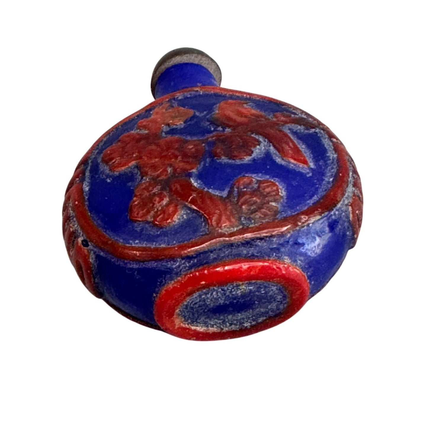Chinese Snuff Bottle Blue Red Porcelain Relief Bird Floral 2.5"