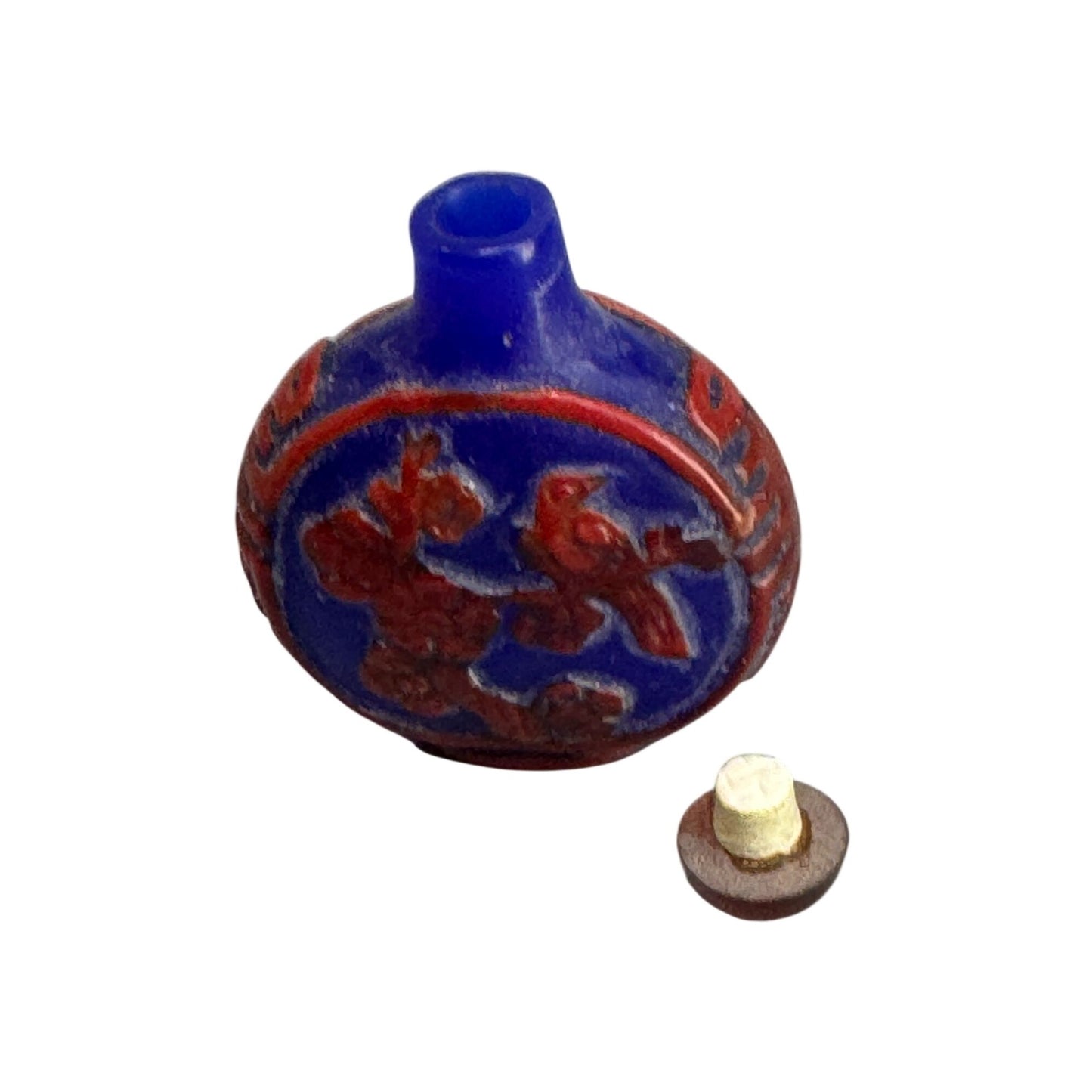Chinese Snuff Bottle Blue Red Porcelain Relief Bird Floral 2.5"