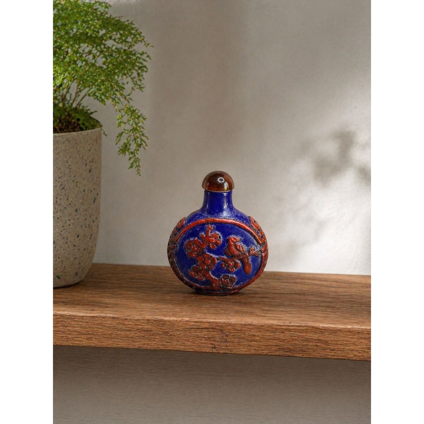 Chinese Snuff Bottle Blue Red Porcelain Relief Bird Floral 2.5"