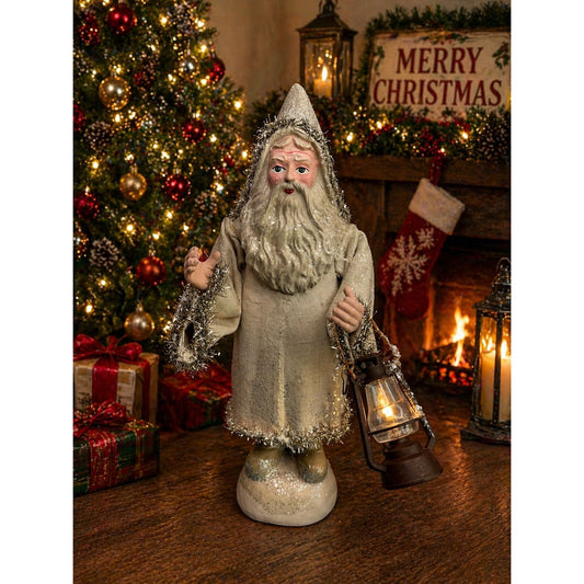 Vintage Style Lantern Santa Figure Fabric Coat Mica Trim Rustic 14"