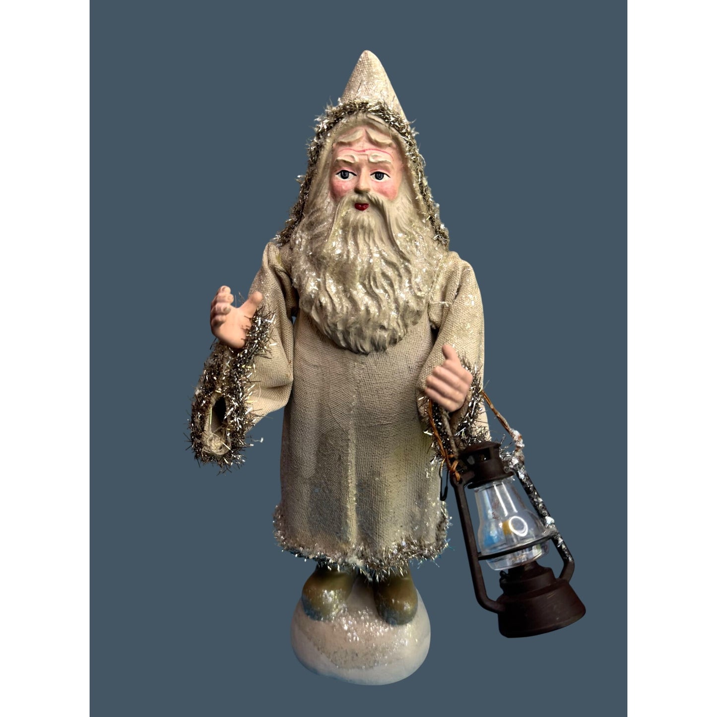 Vintage Style Lantern Santa Figure Fabric Coat Mica Trim Rustic 14"