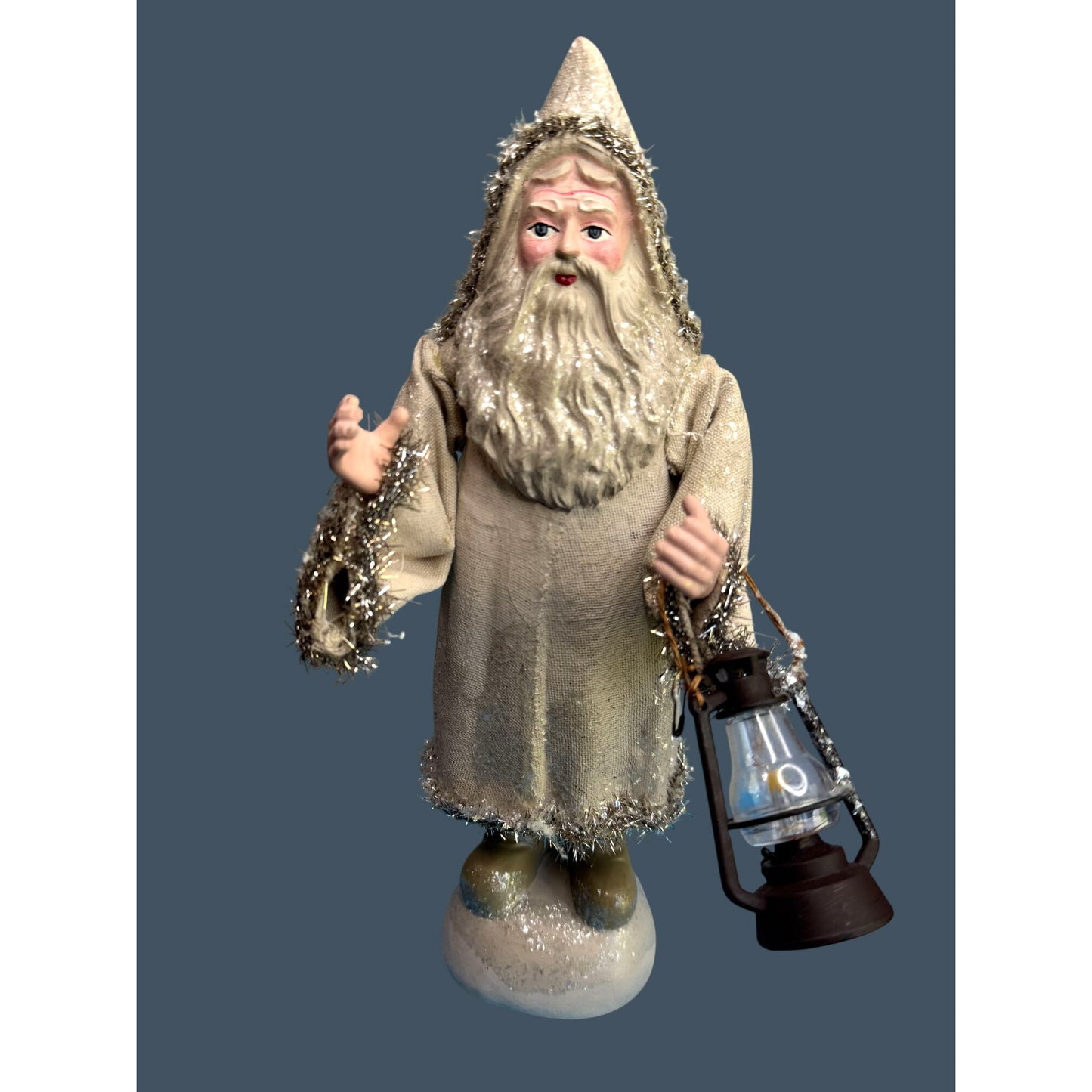 Vintage Style Lantern Santa Figure Fabric Coat Mica Trim Rustic 14"