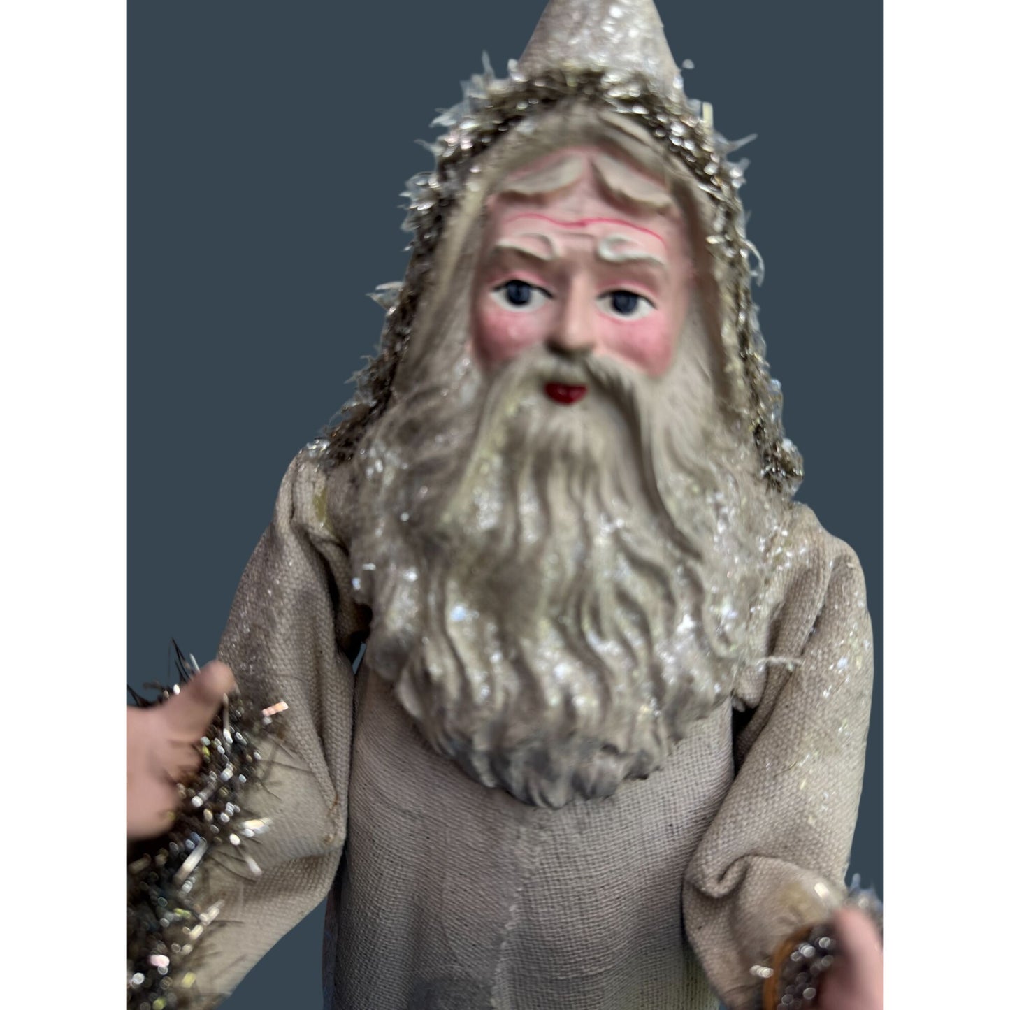 Vintage Style Lantern Santa Figure Fabric Coat Mica Trim Rustic 14"